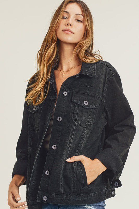 Black relaxed fit denim jacket by Risen