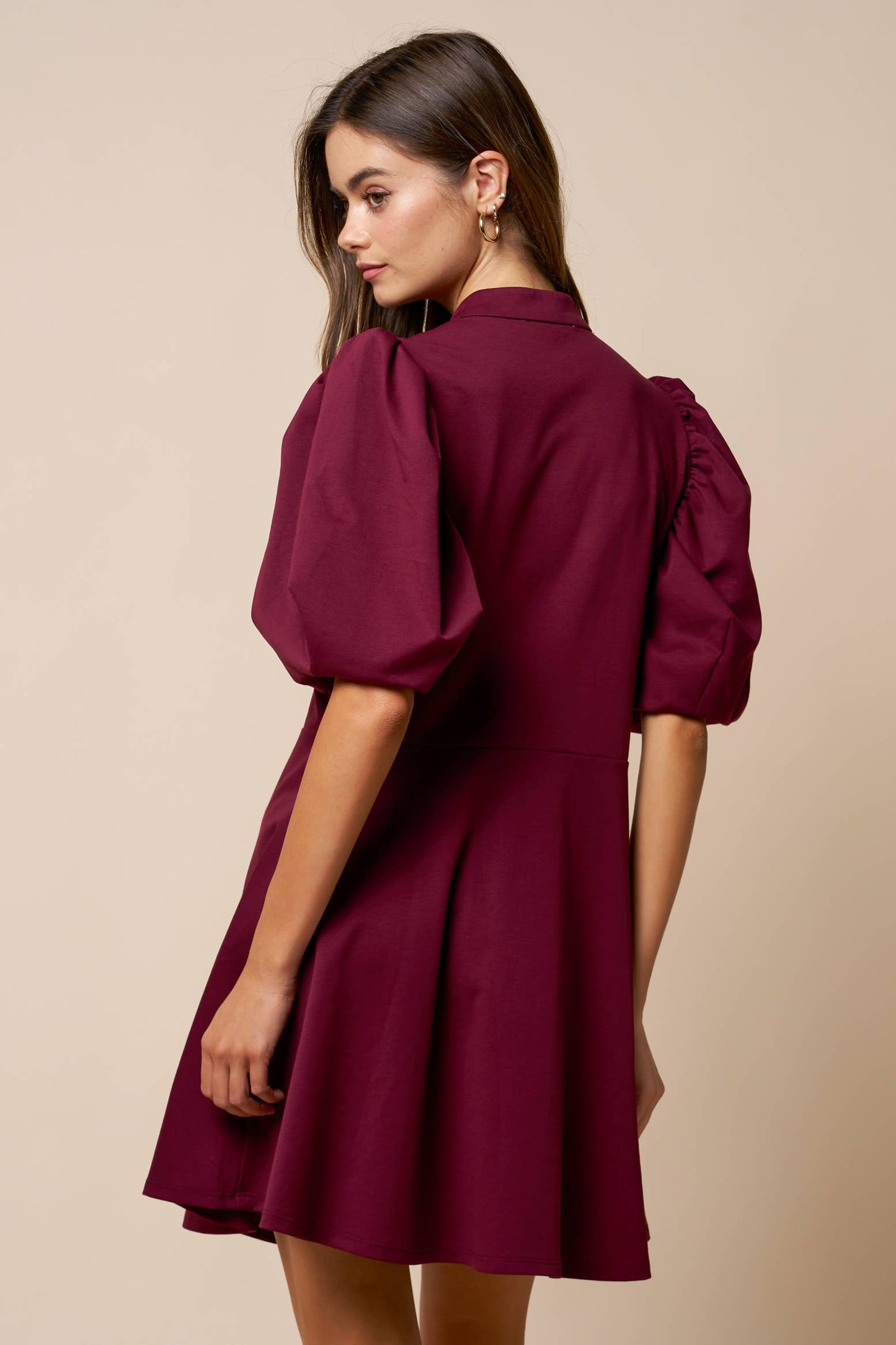 Hi Neck Puff Sleeve Fit & Flare Scuba Dress