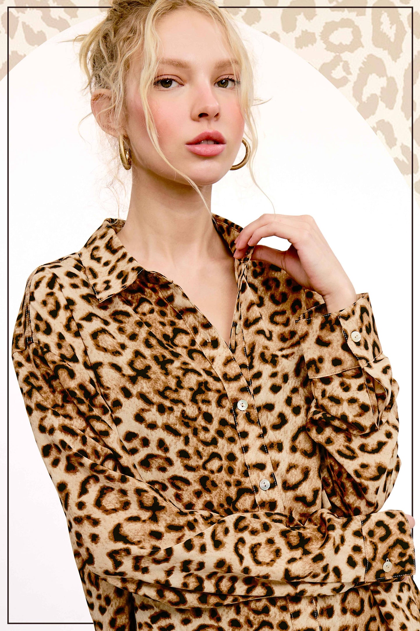 SRT7902-Leopard Printed Button Down Shirt Long Sleeve Fall