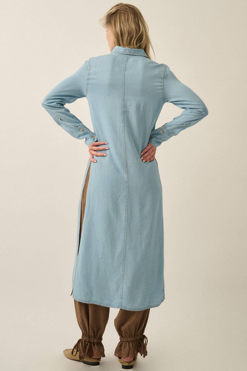 Tencel Denim Button-Up Collared Pocket Maxi Shirt