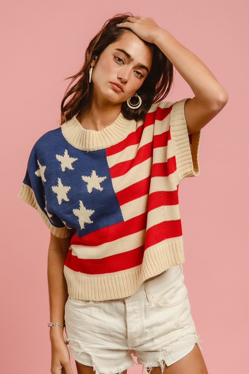 Flag cap sleeve cropped sweater