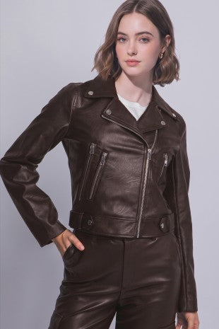 Faux leather moto jacket in espresso