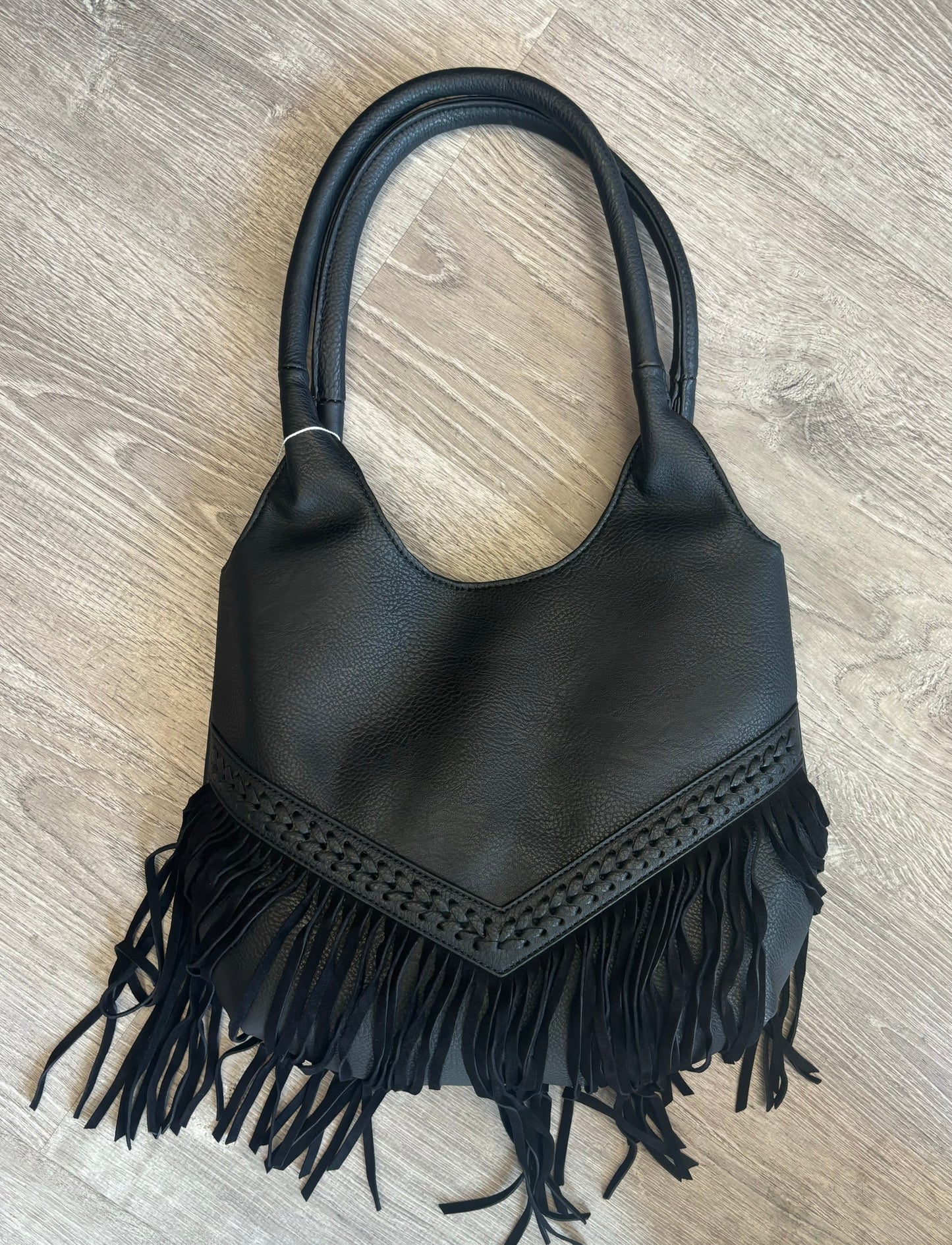 Black fringe hobo bag