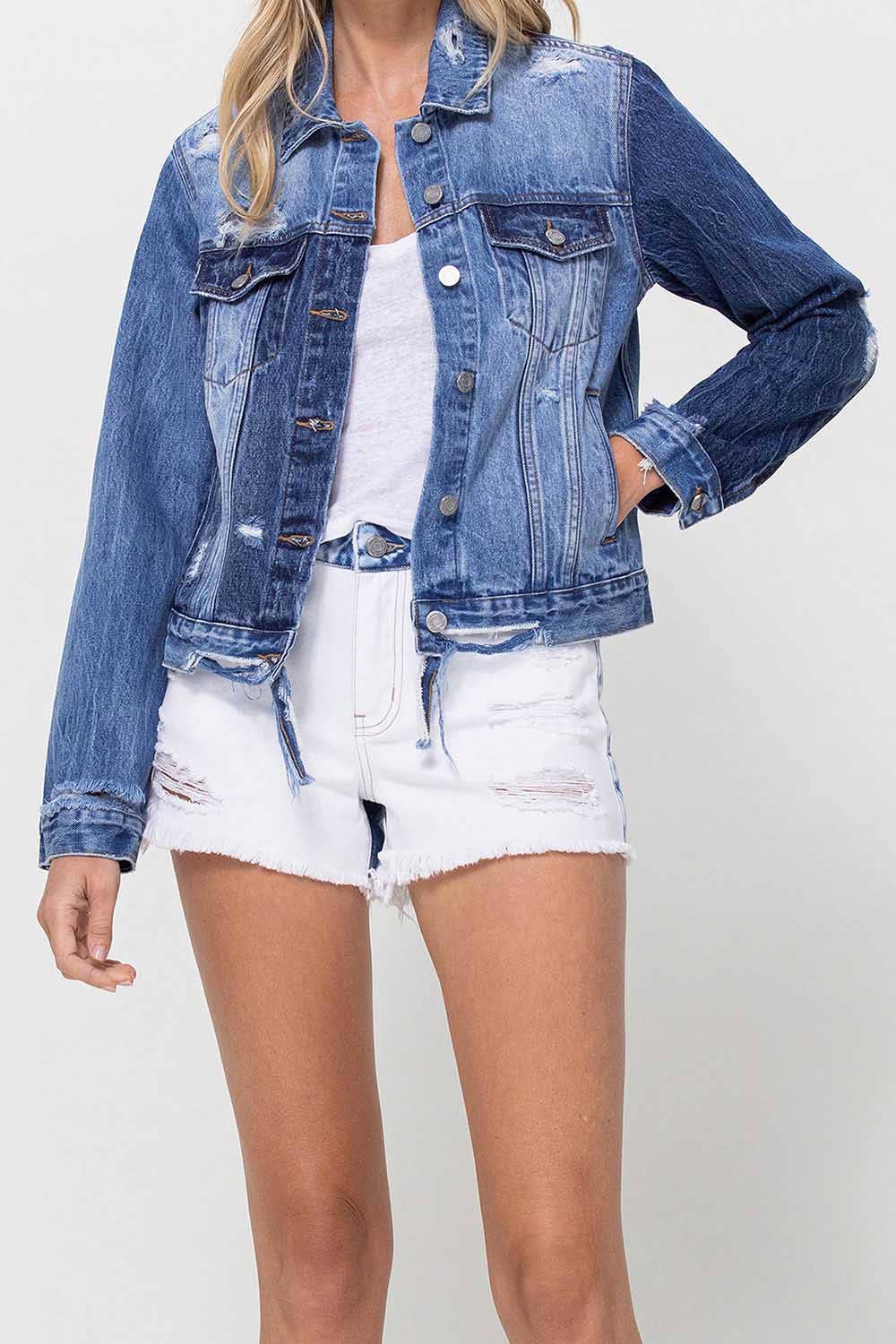 DISTRESSED CLASSIC FIT CROP JACKET W CONTRAST FABRIC V2745J