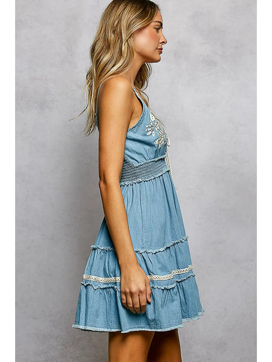 Vintage denim embroidered dress