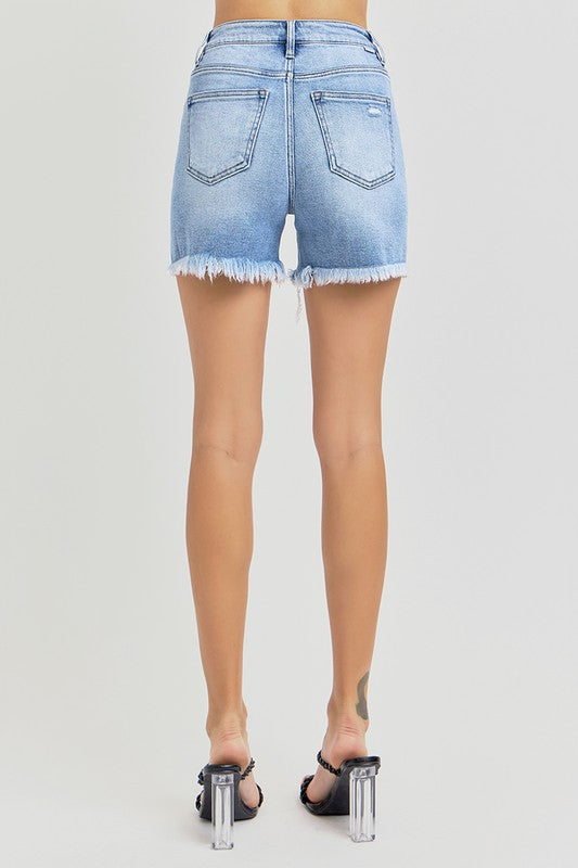 High rise mid thigh denim shorts by Risen