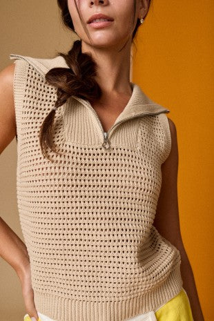 Open knit zip collar sleeveless sweater