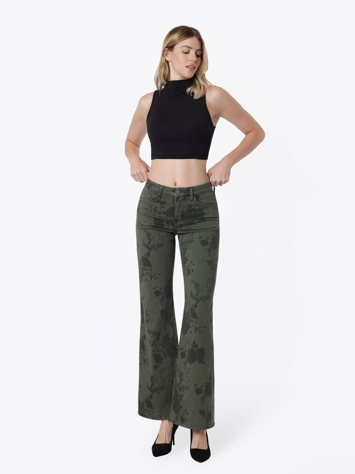 MID RISE GREEN FLORAL PRINT VINTAGE FLARE JEANS T7588GEN