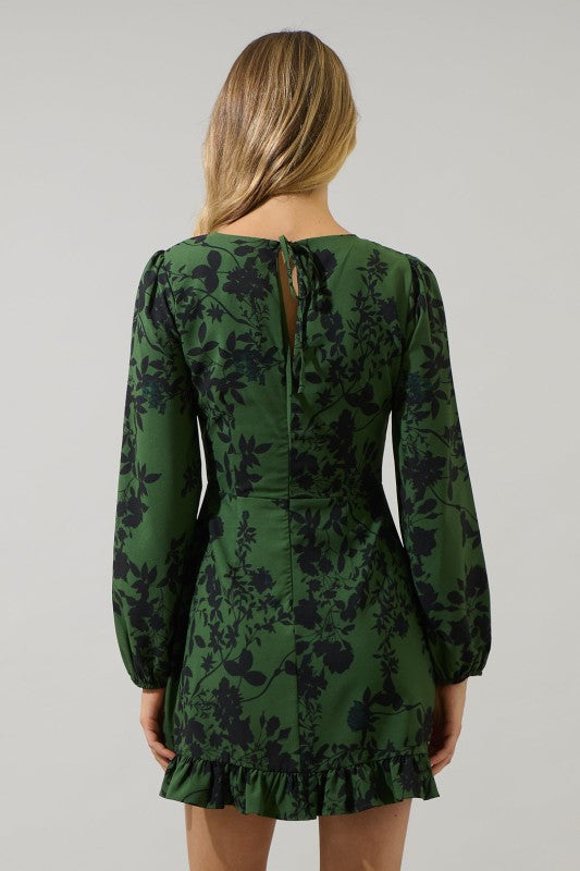 Olive and black floral Ruffle hem mini dress