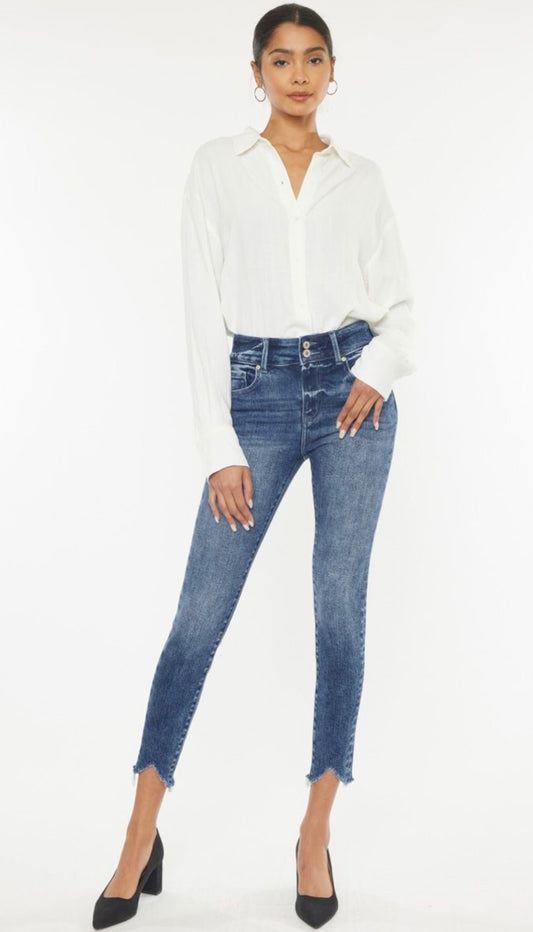 Kan Can high rise double button ankle skinny jean