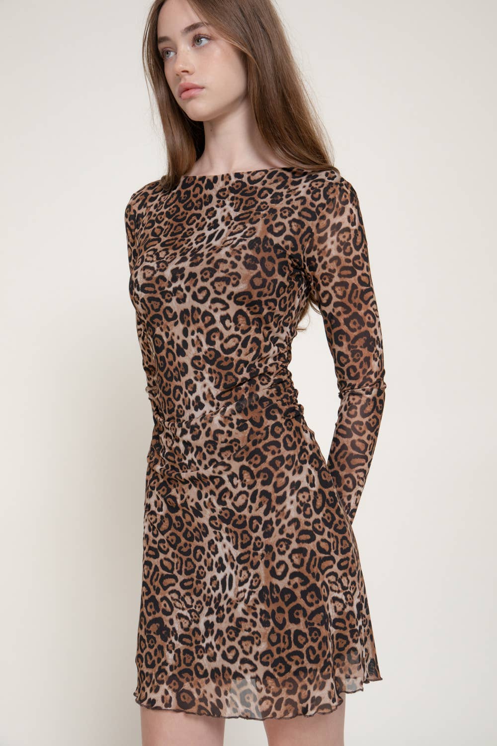 Long Sleeve Boat Neck Shirring Animal Print Mesh Mini Dress