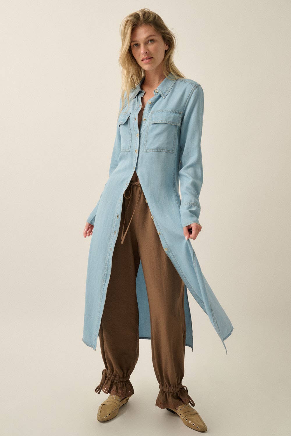 Tencel Denim Button-Up Collared Pocket Maxi Shirt