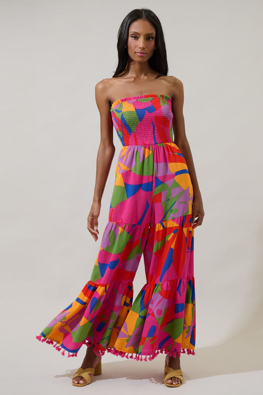 Abstract print strapless jumpsuit