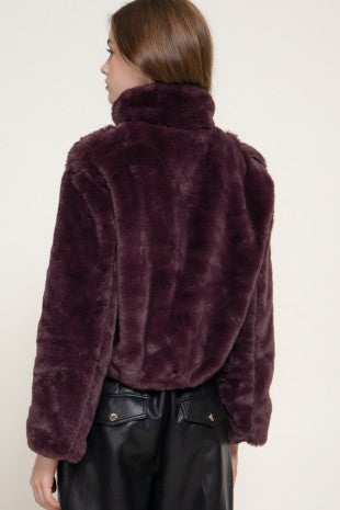 Maroon funnel neck fur jacket