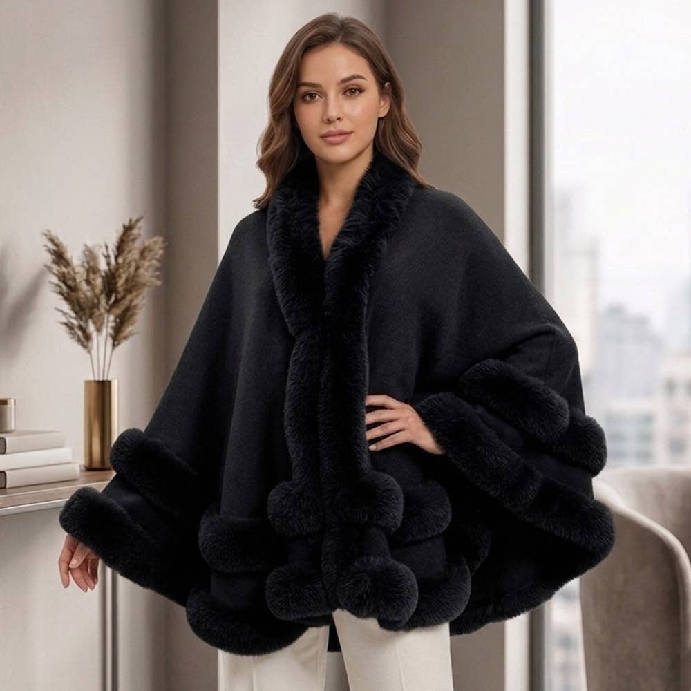 Elegant Faux Fur Trim Wrap Cape Coat Poncho