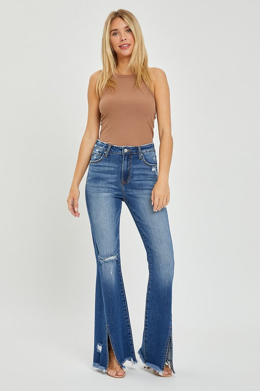 High rise front slit with frayed hem flare jeans by Risen