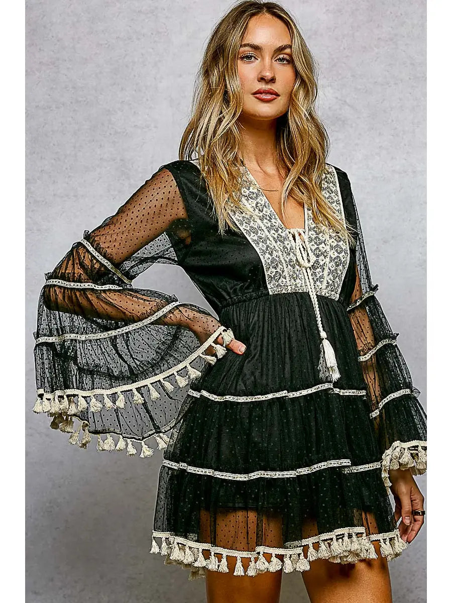 Embroidered tassel detail mini dress