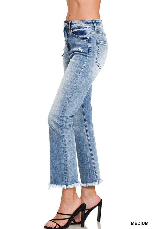High rise straight raw hem jeans