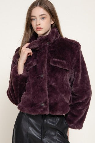 Maroon funnel neck fur jacket