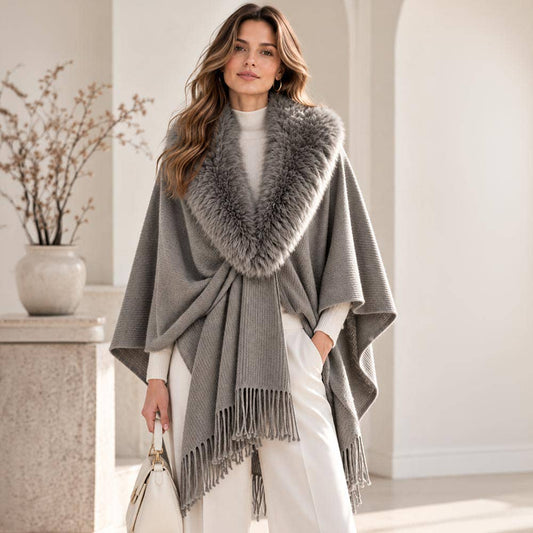 Faux Fur Collar Trim Fringe Shawl Poncho