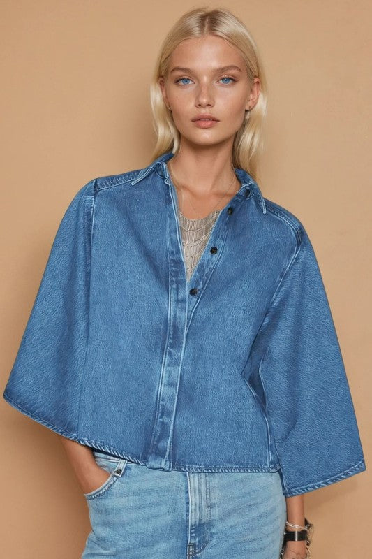 Trumpet sleeve denim blouse