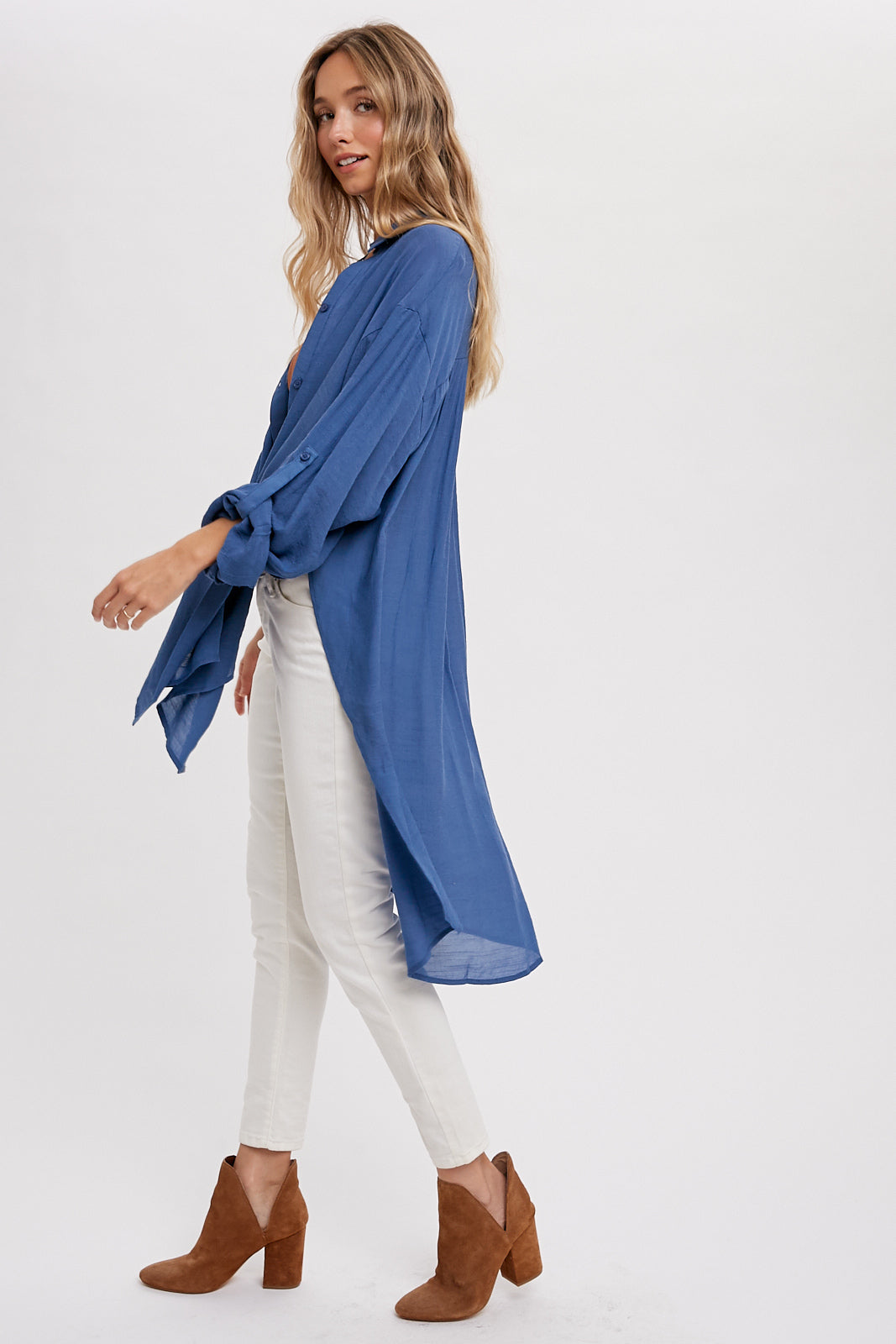 Blue longline button up blouse