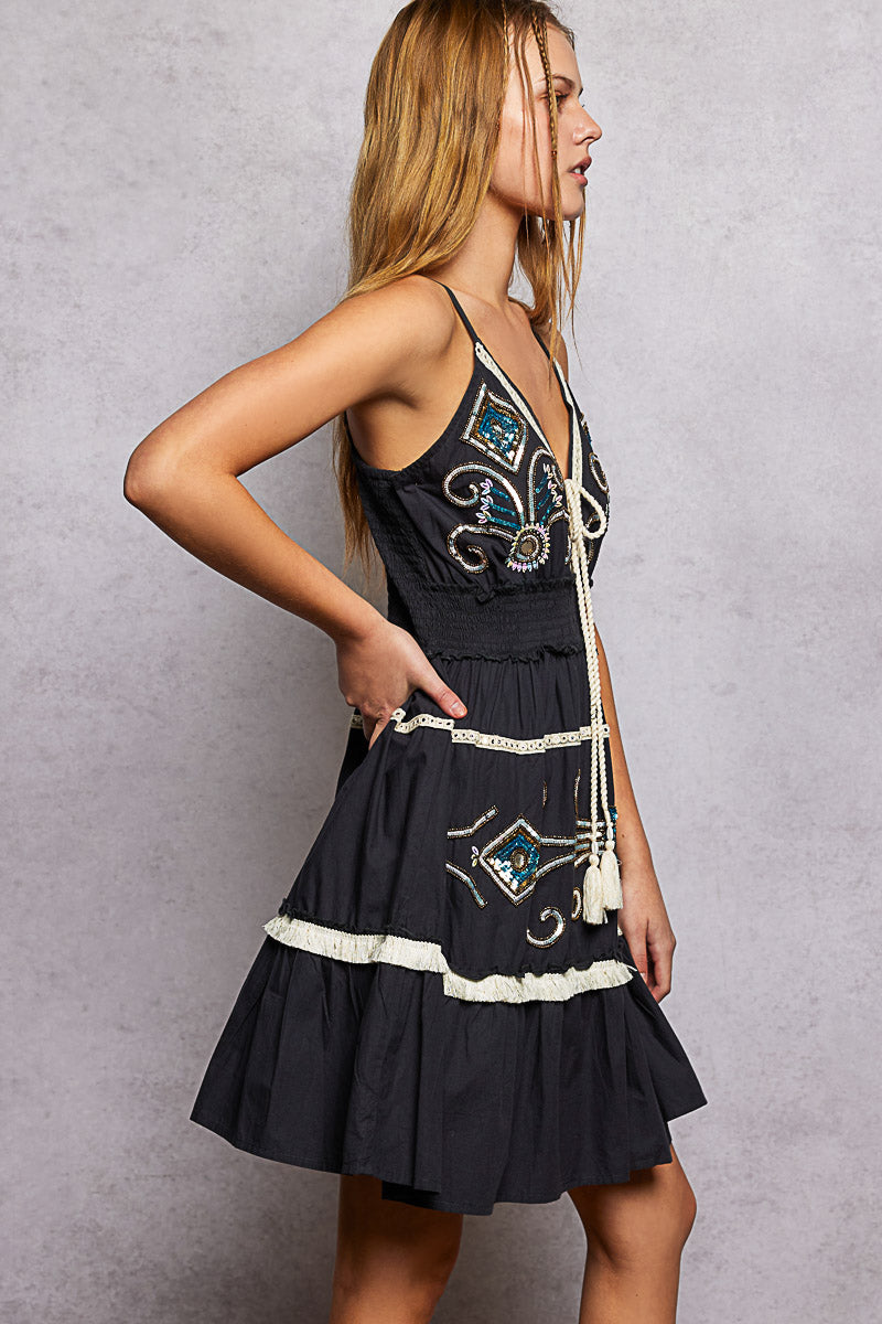 Charcoal embroidered and beaded mini dress