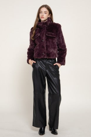 Maroon funnel neck fur jacket