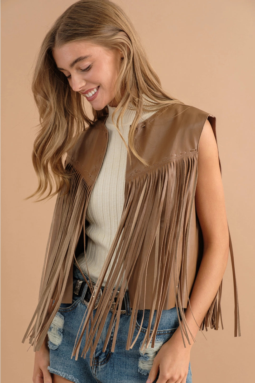 Fringe faux leather vest