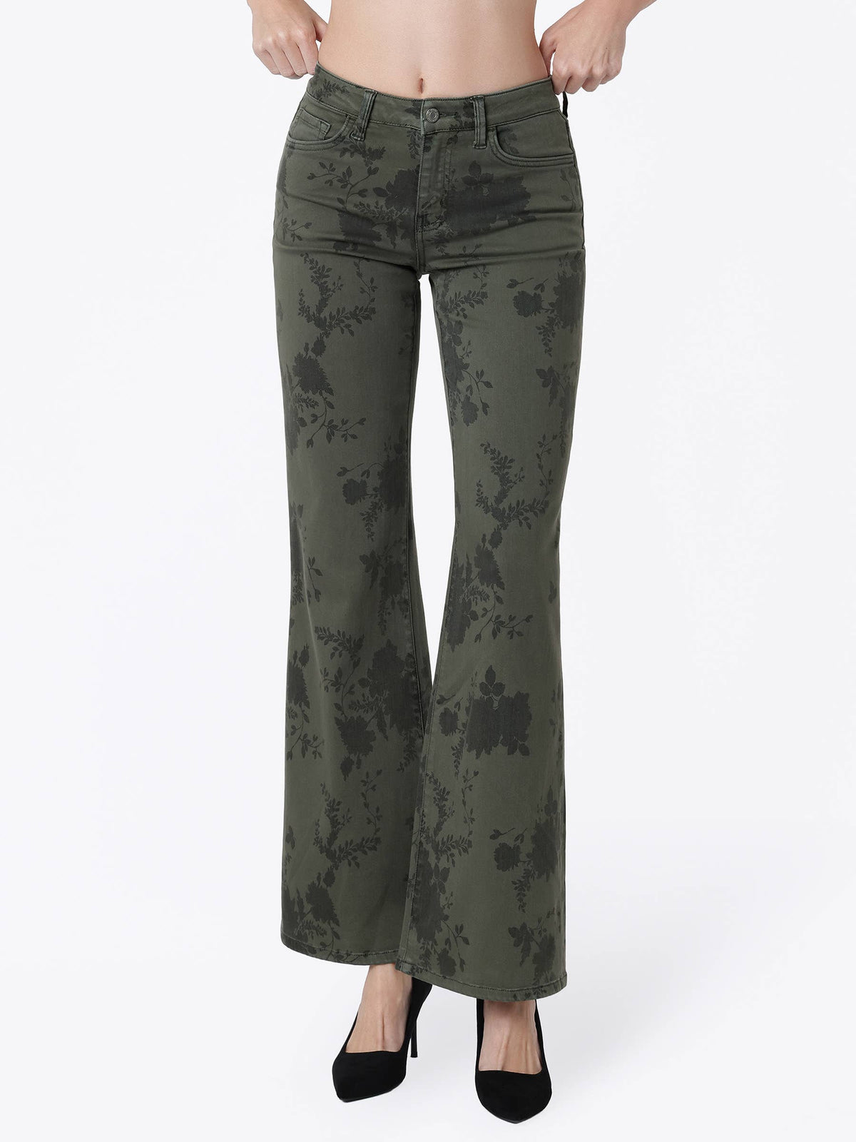 MID RISE GREEN FLORAL PRINT VINTAGE FLARE JEANS T7588GEN