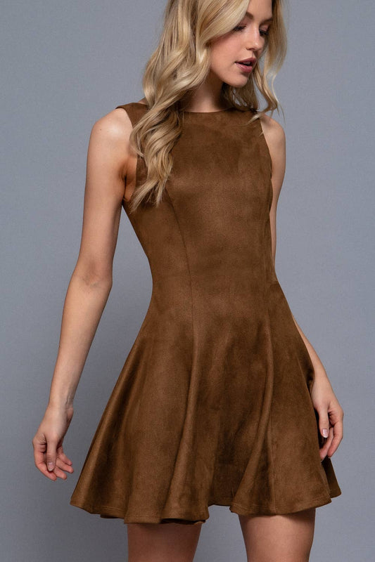Sleeveless Round Neck Flare Hem Faux Suede Mini Dress