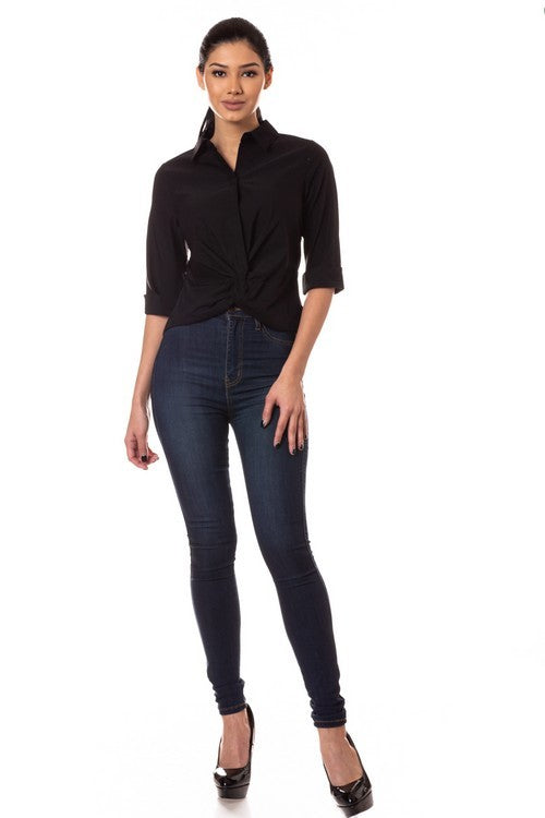 Solid button down 3/4 sleeve stretchy shirt (2 colors)