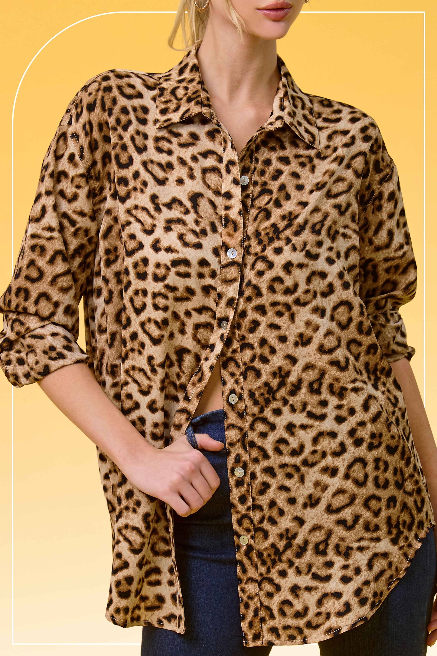 SRT7902-Leopard Printed Button Down Shirt Long Sleeve Fall