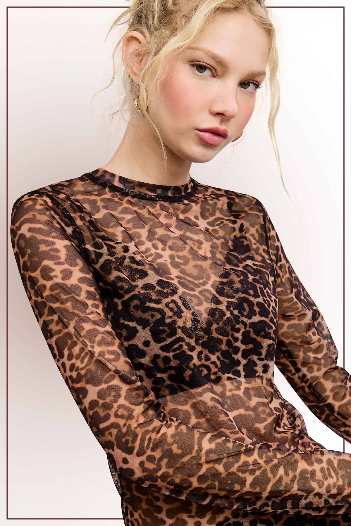 JDT7709-SemiSheer Leopard Crew Mock Neck Longsleeve Mesh Top