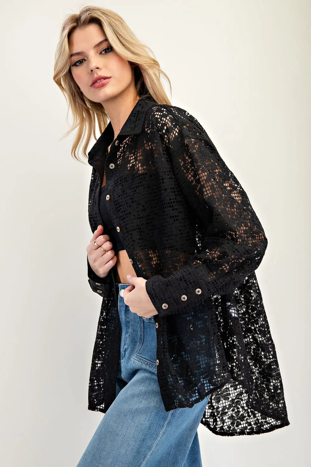 Lace long sleeve button down shirt