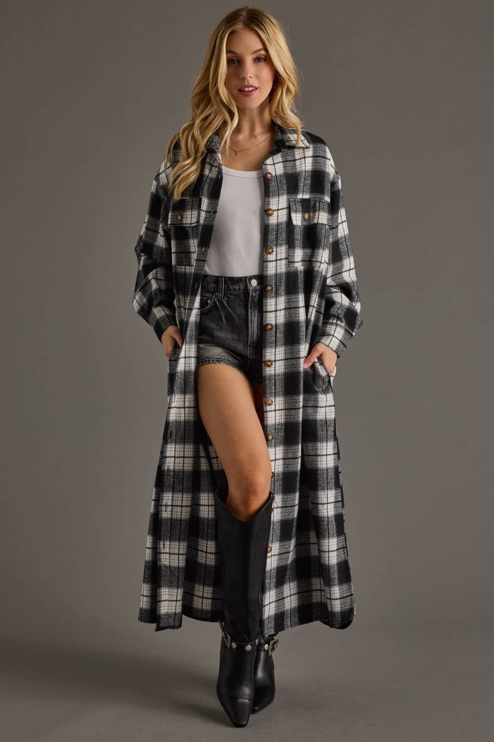 Black & White Plaid Long Lightweight Jacket