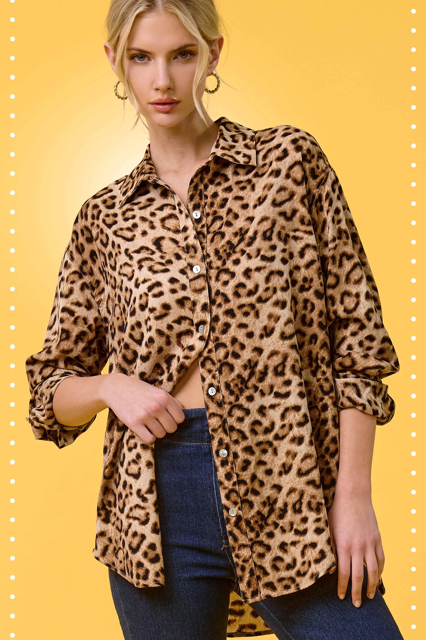 SRT7902-Leopard Printed Button Down Shirt Long Sleeve Fall