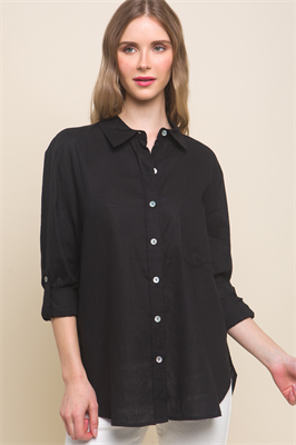 Linen blend button down blouse with pocket