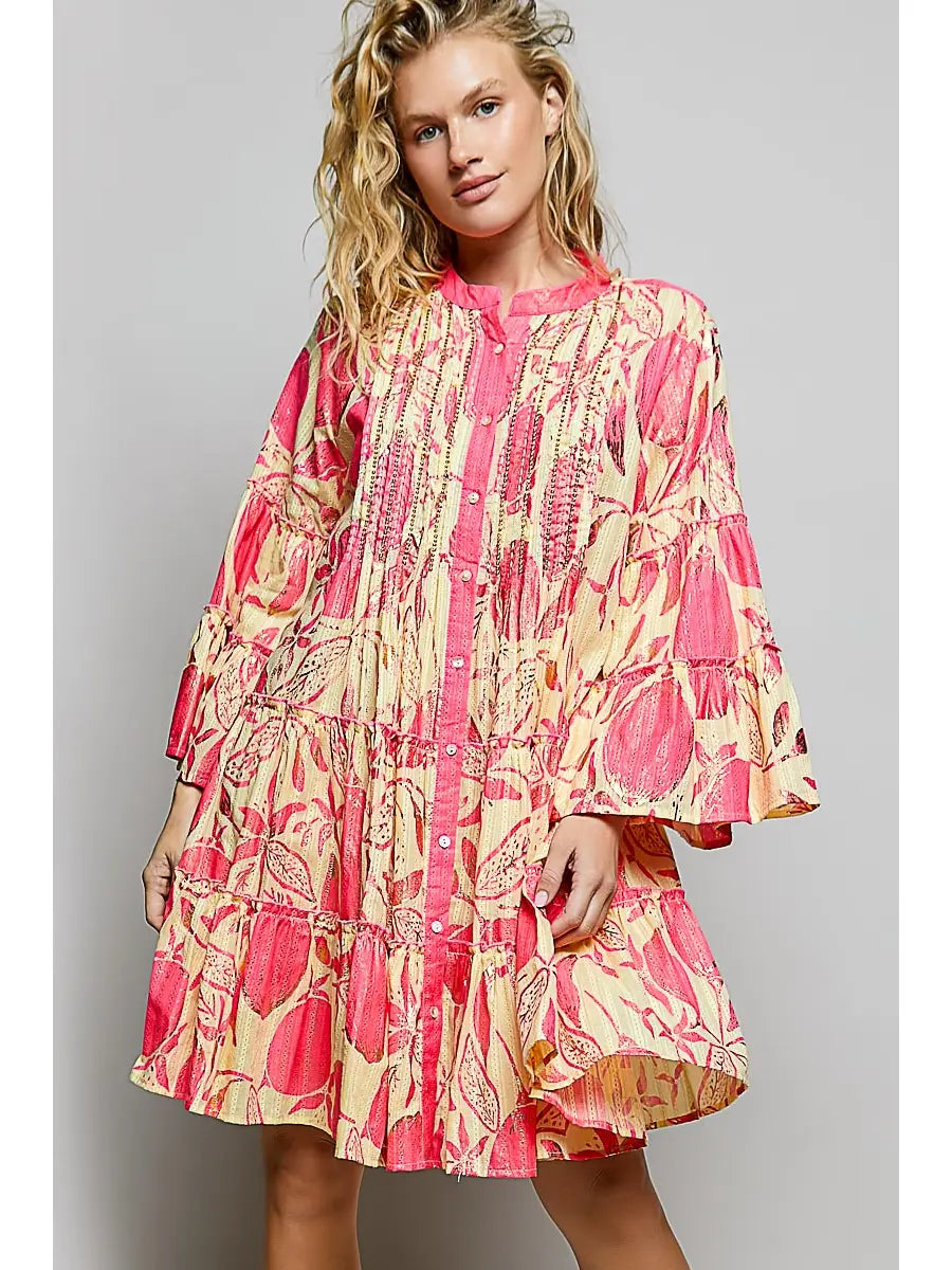 Floral ruffle stand collar dress