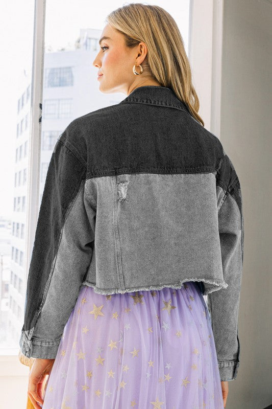 Washed 2 tone black denim jacket