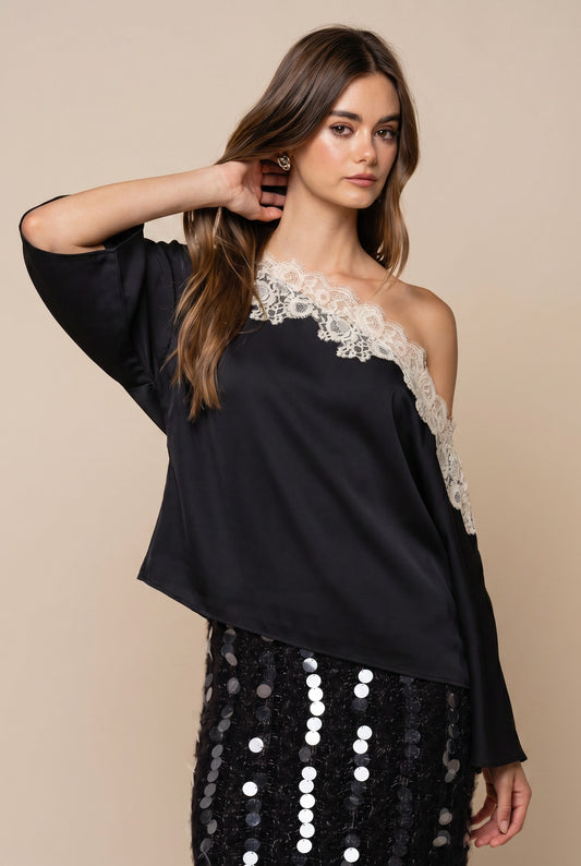 Satin one shoulder top with lace trim
