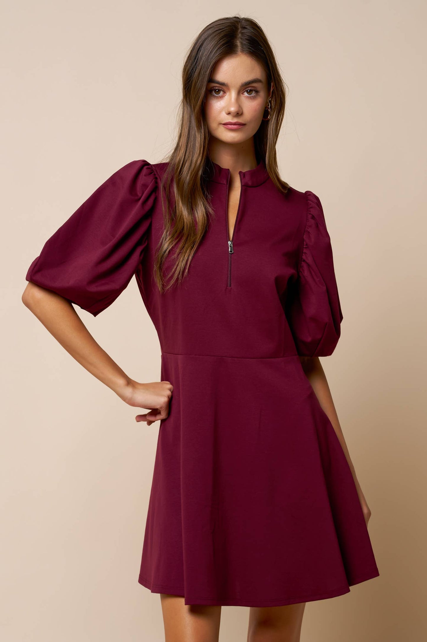 Hi Neck Puff Sleeve Fit & Flare Scuba Dress