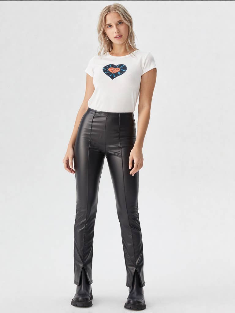 NP70301-High Waist Fitted Bell Bottom Faux Leather Pants