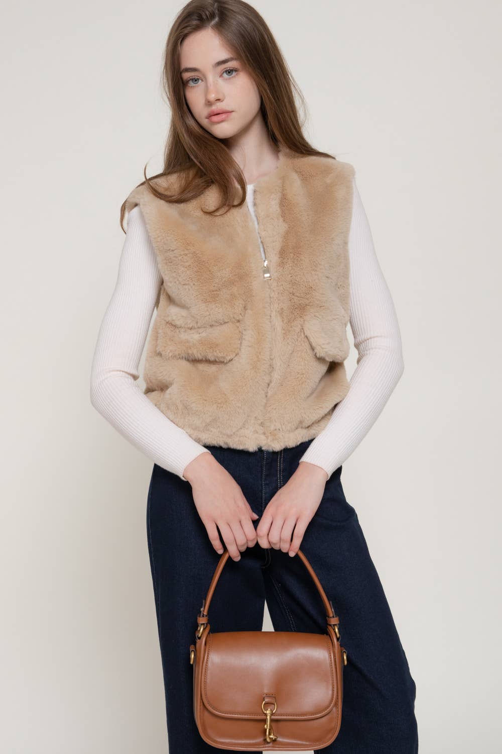 Round Neck Front Zipper with Flap Pocket Faux Fur Vest
