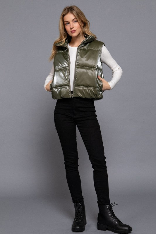 Olive shiny high neck vest