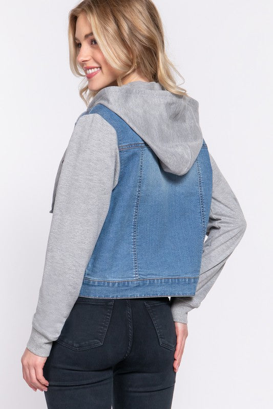 Denim jacket with gray terry sleeve detail & hood