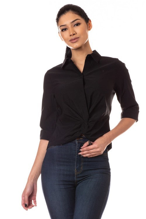 Solid button down 3/4 sleeve stretchy shirt (2 colors)