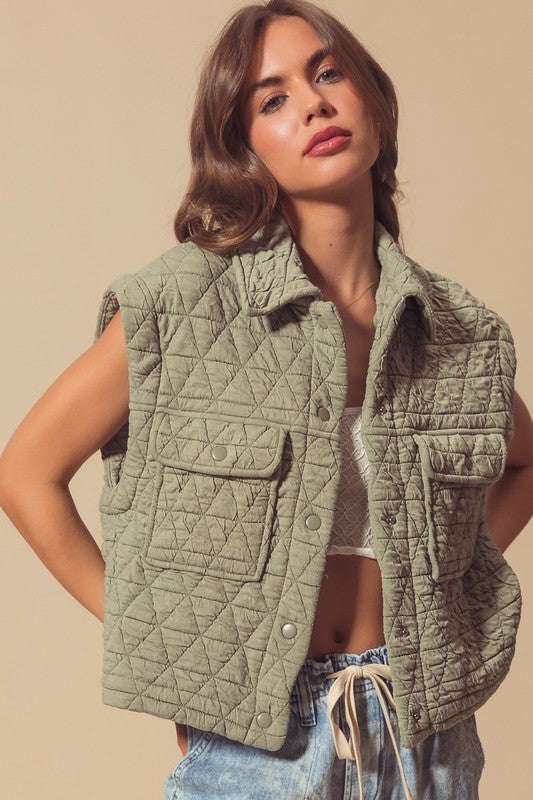 Lt olive quilted knit vest