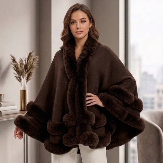 Elegant Faux Fur Trim Wrap Cape Coat Poncho