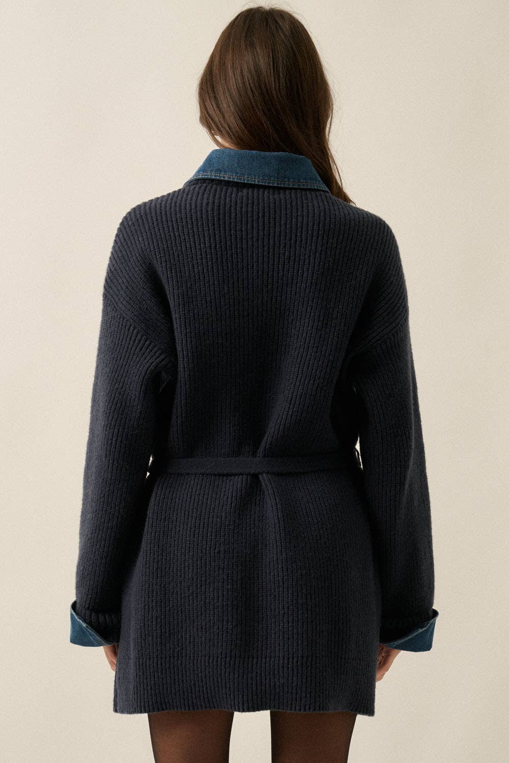 Rib-Knit & Denim Collared Buttoned Belted Mini Sweater Dress